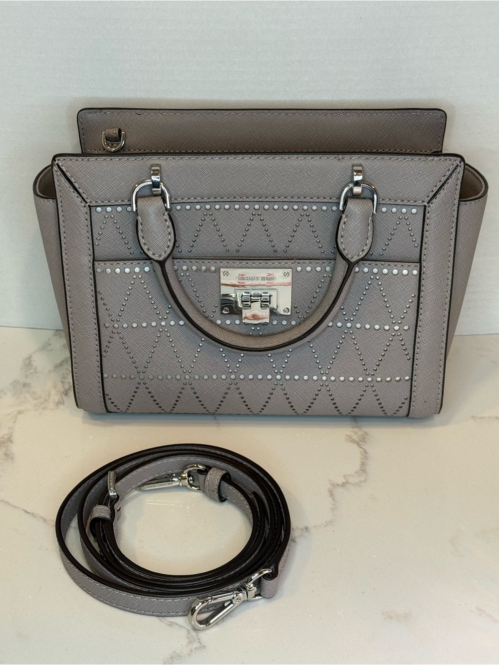 Michael Kors Taupe Studded Saffiano Leather Satchel